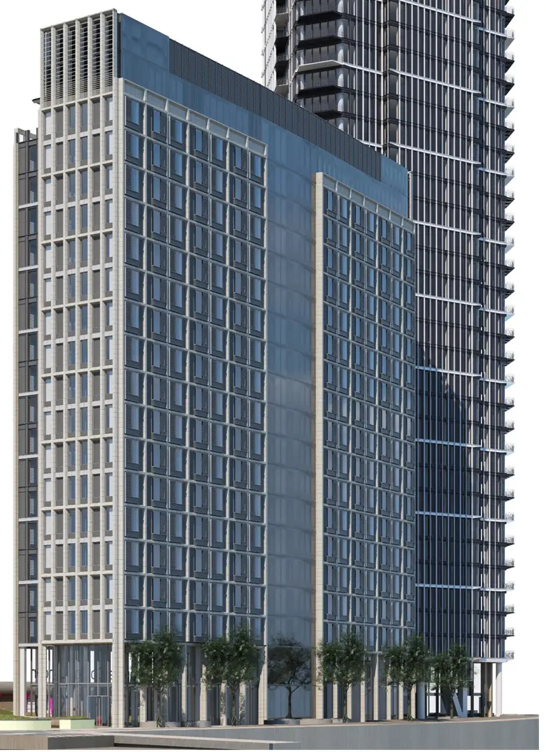 Illustrative view of building F as consented by OPDC in 2023 vs proposed. 