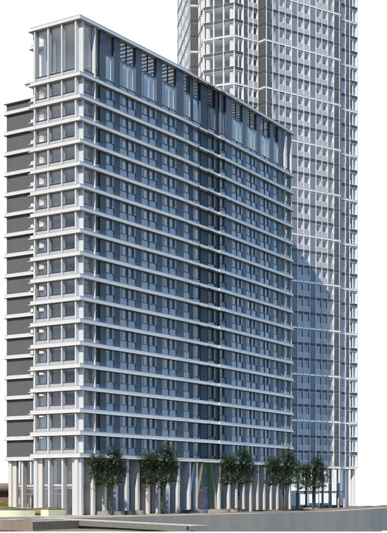 Illustrative view of building F as consented by OPDC in 2023 vs proposed. 